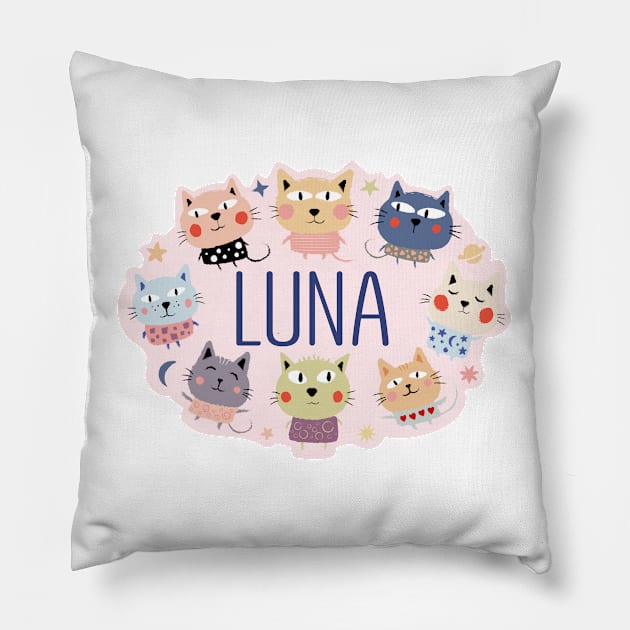 Luna name with cartoon cats Pillow by WildMeART