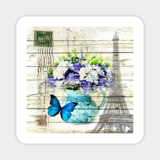 shabby chic blue butterfly flowers vintage paris eiffel tower Magnet