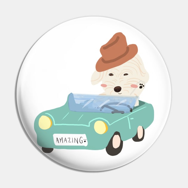 Maltipoo Dog Driving Retro Car Illustration Pin by PatternbyNOK