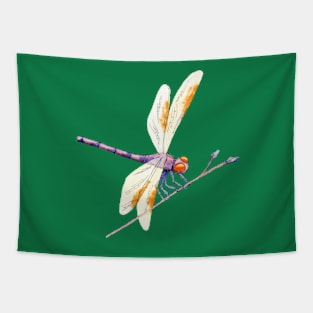 Whimsical Gold and Purple Dragonfly and Twig on Green Tapestry