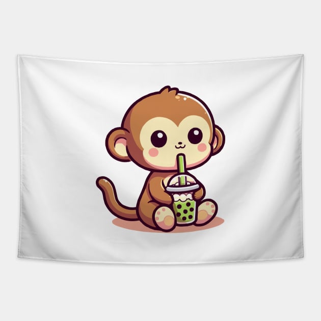 adorable baby monkey green boba Tapestry by fikriamrullah