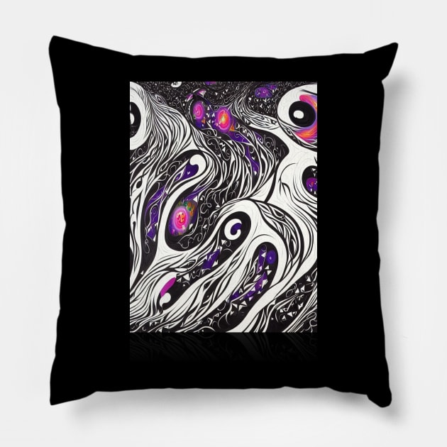 Spiral Galaxy Drawing Black Hearts Abstract Pillow by Wanita Boldman