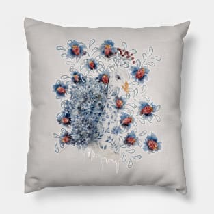 Porcelain Strawberry Peacock Watercolor Pillow