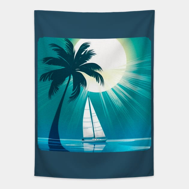 Yacht, palm tree, sun Tapestry by NATLEX