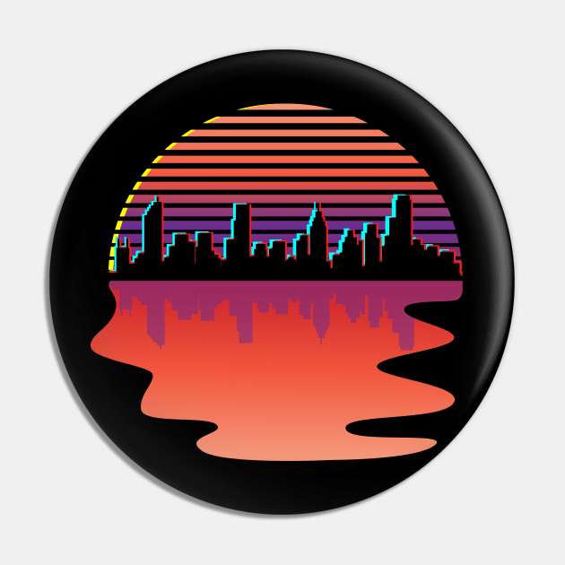 Retro Synthwave City Skyline Silhouette Glitch Art Design Pin by Brobocop