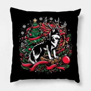 Festive Wolf and Christmas Tree Pillow