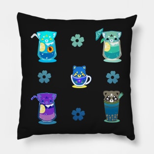 Cat boba tea cute kawaii drinks blue and turquoise Pillow