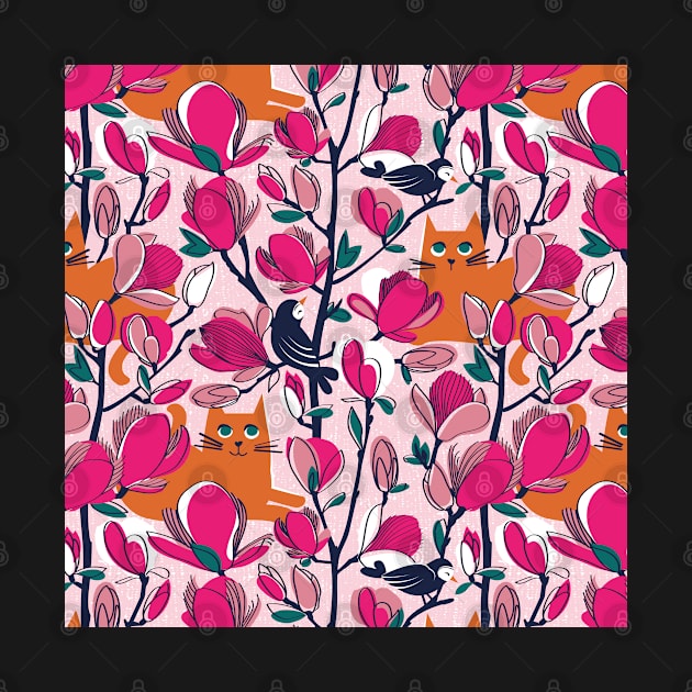 Hello Spring! // pattern // pastel pink background orange tabby cat fuchsia pink Magnolia full bloom navy blue branches birds and lines by SelmaCardoso