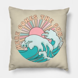 Here comes the sun; summer; sun; sunshine; water; retro; vintage; beach vibes; beach; ocean; sea; holiday; vacation; surf; surf life; surfing; waves; wave; water; cool; cute; California; beach life; coast; Pillow