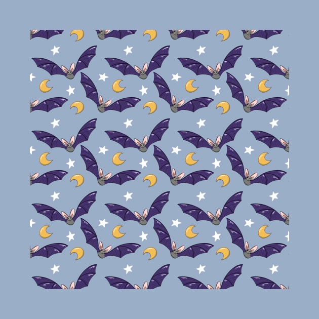 Halloween bats pattern with moon and stars on bright blue background by Ieva Li ART