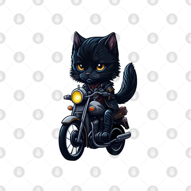 Biker Cute Black Cat Riding Motorcycle by Pixelate Cat