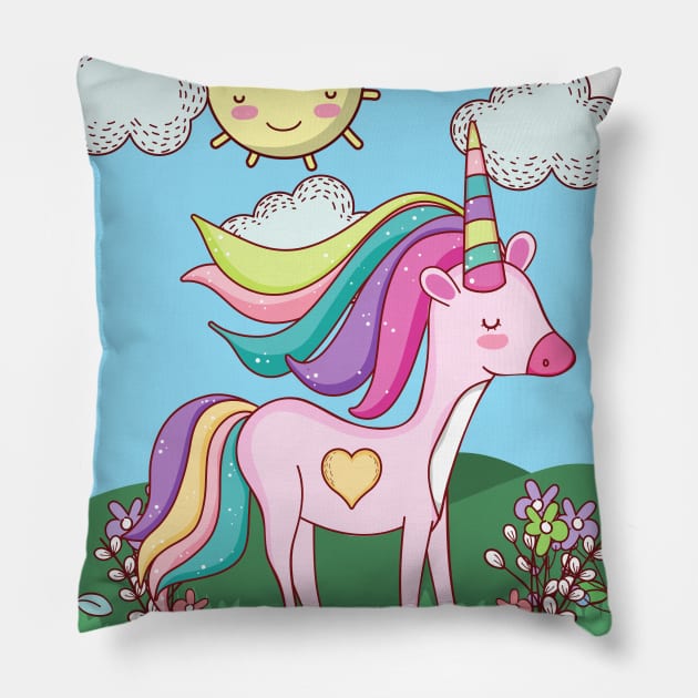 Cute Little Unicorn With Heart Standing In a Field On a Sunny Day Pillow by Vegan Squad
