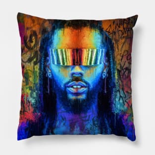 Cyberdude // Man in futuristic glasses by neon light. Stylization as a portrait in oil painted. Graffiti style x spray drip Pillow