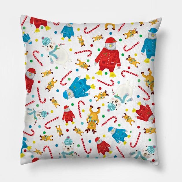 Winter Holiday Penguins, Reindeer and Polar Bears with Confetti Polka Dots Pillow by Rosemarie Guieb Designs