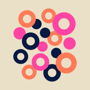 DROPS Polka Dots Rings Geometric Mid-Century Abstract in Retro Midnight Blue Orange Fuchsia Hot Pink - UnBlink Studio by Jackie Tahara T-Shirt