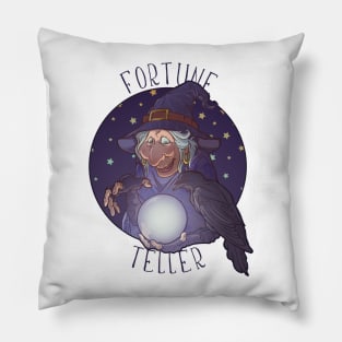 Old witch with her black raven holding a crystal ball and foretelling the future. Funny cartoon style character Pillow