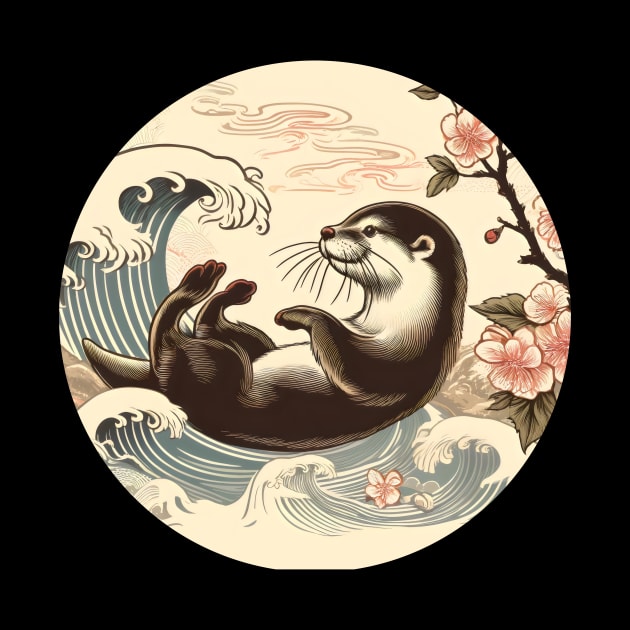 Aquatic Animal Vintage Sunset Art Floral Japanese Otter by Willie Biz Merch