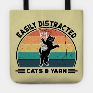 Easily Distracted by Cats and Yarn, Perfect Funny Cat lovers Gift Idea, Distressed Retro Vintage Tote