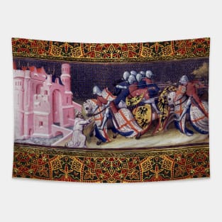 Galahad combatting the brothers of the Castle of Maidens,receiving a key Arthurian Legends Medieval Miniature Tapestry