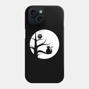 Cute Cat and Owl in Tree, Silhoutte against Full Moon Phone Case