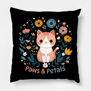 Paws and Petals | Cute smiley Kitty Cat in a Flower Garden | Cat lover design Pillow