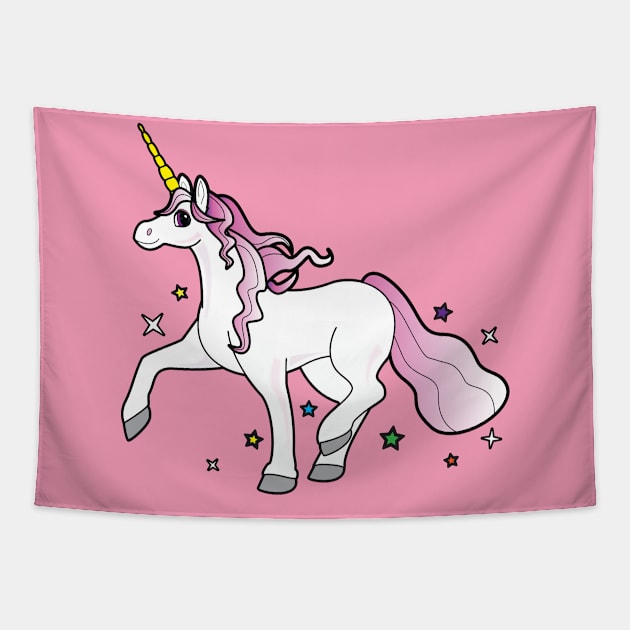 Cartoon Unicorn Trotting through the Stars Tapestry by PenguinCornerStore