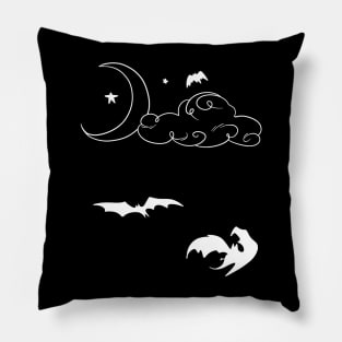 Crescent Moon Stars Clouds and Bats - White Pillow