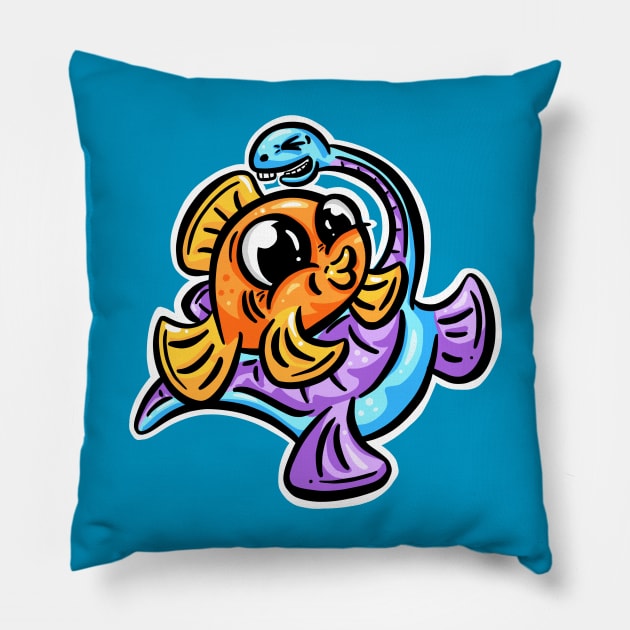 Tickling Fish and Plesiosaur Friends Cartoon Pillow by Squeeb Creative