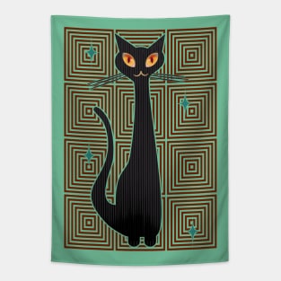 Op-Art Hip Cat Mid Century Anime (red background) Tapestry