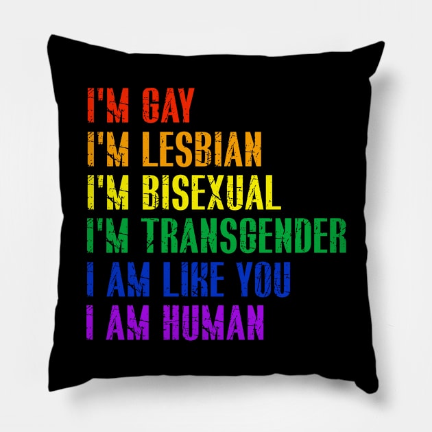 I am Human LGBT Rainbow Flag Gay Pride Month Pillow by Bezra