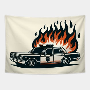 Burning police car Tapestry