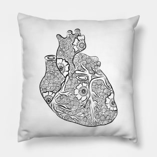 Floral Anatomical Heart Line Drawing (Black and White) Pillow