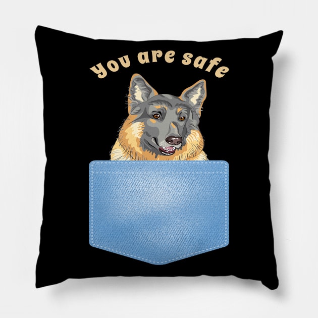 You are safe, dog in the pocket Pillow by Sniffist Gang