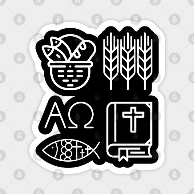 Black and White Christian Symbols Alpha, Omega, Wheat, Harvest, Bible, Fish, Bread Magnet by Mission Bear