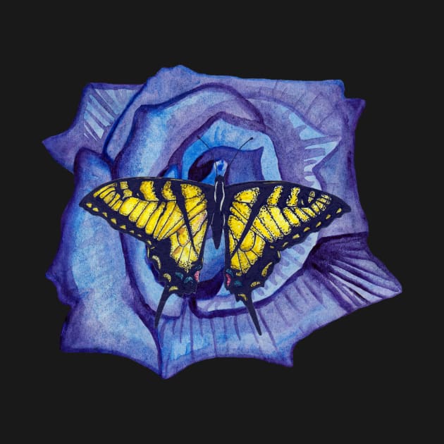 Watercolor blue rose and butterfly by deadblackpony