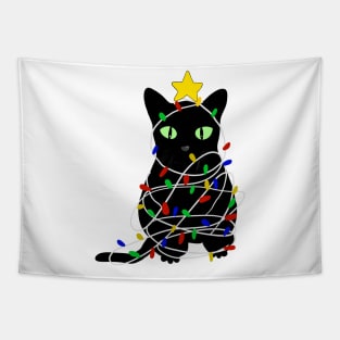 Christmas black kitty with fairy lights and star Tapestry