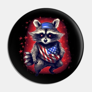 red raccoon proudly American flaG Pin