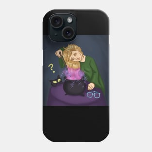 Witch with black cat coloring her hair magically Phone Case