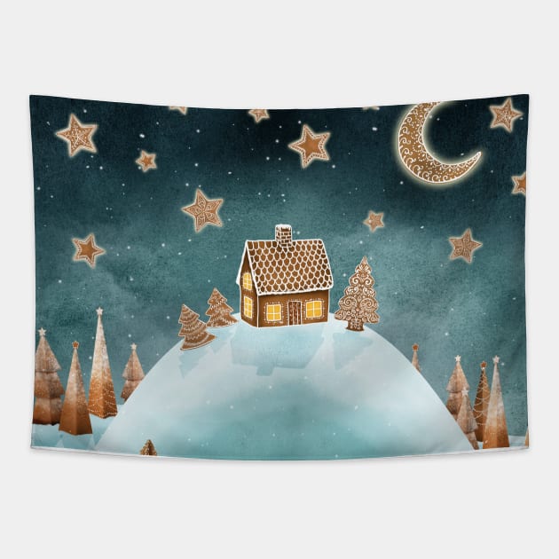 Gingerbread house, trees, on snow hills landscape, moon and stars watercolor illustration. Fantasy sweets world snow landscape. Moonlight magic candy world scenery. Tapestry by likapix