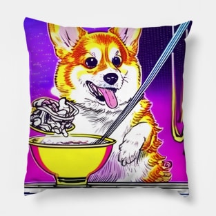 Corgi Eating Ramen Noodle Soup. Pillow