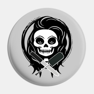 Female Nail Tech Skull and Manicurist Tools Black Logo Pin