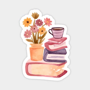 Cute Watercolor Books and Coffee and Flowers Magnet