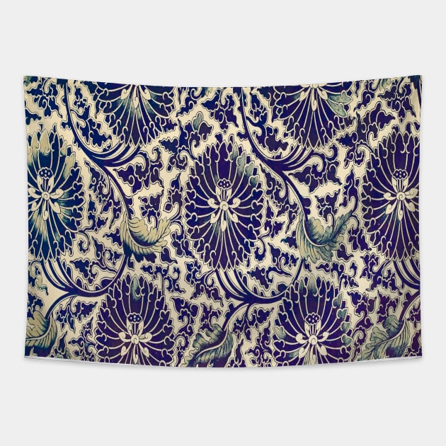 blue main color printed images that are based on vintage floral and geometric motifs, can be used in decorating fabrics and coverings in fashion Tapestry by Marccelus