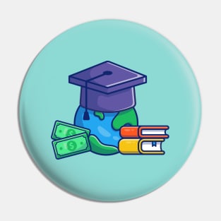 Scholarship, World, Graduation Cap, Money And Book Cartoon Pin