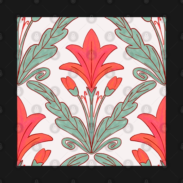 Regency style modern floral damask medallion pattern in deep melon red and sage green by FrancesPoff