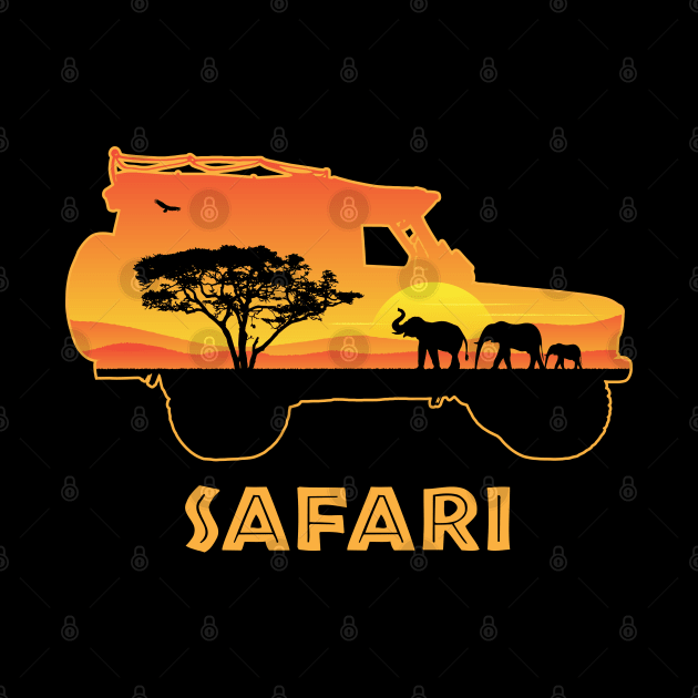 African Safari Vehicle 4x4 Sticker | Vintage Sunset | Elephant Family | Acacia Tree by BraaiNinja