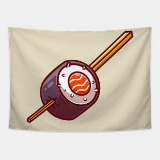 Sushi Salmon Roll With Chopstick Cartoon Tapestry