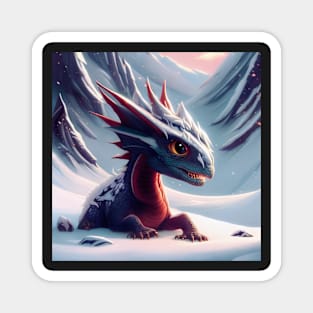 Baby Blue and Red Dragon Climbing Out of Snow Magnet