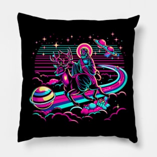 COOL JESUS RIDING RAINDEER RAINBOW RETRO 80'S NEON VIBE Pillow