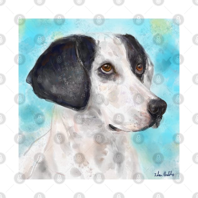 Watercolor Painting of a Black and White Dog on Light Blue Background by ibadishi